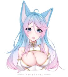 Rule 34 | 1girl, animal ears, artist name, blue eyes, blue hair, blush, breasts, cleavage, cleavage cutout, clothing cutout, commentary, cowlick, cropped torso, detached sleeves, dress, english commentary, gradient hair, hair between eyes, highres, large breasts, looking at viewer, metalkrot, multicolored hair, open mouth, pink hair, portrait, silvervale, simple background, solo, virtual youtuber, vshojo, waist cutout, white background, white dress, wolf ears
