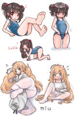 Rule 34 | 2girls, ahoge, all fours, ass, barefoot, blonde hair, blue one-piece swimsuit, blush, blush stickers, character name, clothes pull, comodomodo, double bun, feet, finger to mouth, green eyes, hair bobbles, hair bun, hair ornament, highres, legs, legs up, long hair, lulla (comodomodo), lying, messy hair, miu (comodomodo), multiple girls, multiple views, no pants, no shoes, old school swimsuit, on back, one-piece swimsuit, open mouth, original, panties, panties under pantyhose, pantyhose, pantyhose pull, pulled by self, red eyes, school swimsuit, shirt, soles, swimsuit, thighs, toes, two side up, underwear, wading, white panties, white pantyhose, white shirt
