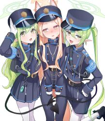 Rule 34 | 3girls, aoyamapink, belt, black belt, black hat, black jacket, black pants, black shorts, black skirt, black tail, blonde hair, blue archive, blush, buttons, demon tail, double-breasted, earrings, fang, gloves, green hair, green halo, halo, hat, highres, hikari (blue archive), jacket, jewelry, long hair, long sleeves, multiple girls, nozomi (blue archive), open mouth, pants, pantyhose, peaked cap, pleated skirt, pointy ears, seia (blue archive), shorts, sidelocks, simple background, single earring, skin fang, skirt, smile, tail, thigh gap, twintails, white background, white gloves, white pantyhose, yellow eyes