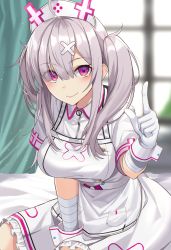 Rule 34 | 1girl, absurdres, bandages, blunt bangs, blurry, blurry background, blush, breasts, commentary request, day, eyes visible through hair, gloves, grey hair, hair between eyes, hair ornament, hairclip, highres, indoors, large breasts, long hair, looking at viewer, mole, mole under eye, nijisanji, nurse, on bed, purple eyes, short sleeves, sitting, smile, solo, suiroh (shideoukami), sukoya kana, twintails, virtual youtuber, window, wrist cuffs