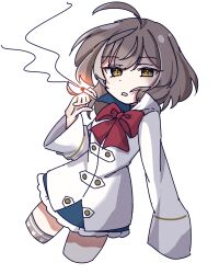 Rule 34 | 1girl, ahoge, animal print, arm at side, assault lily, blue skirt, bow, bowtie, cigarette, commentary, cowboy shot, cropped legs, grey hair, grey thighhighs, hand up, herensuge girls academy school uniform, high collar, highres, holding, holding cigarette, jacket, long hair, long sleeves, looking at viewer, miniskirt, multicolored hair, oversized clothes, parted lips, print thighhighs, rabbit print, red bow, red bowtie, sasaki ran, school uniform, skirt, sleeves past fingers, sleeves past wrists, smoke, solo, standing, streaked hair, thighhighs, white jacket, wide sleeves, yellow eyes, yubari lemon (lemonlilie)