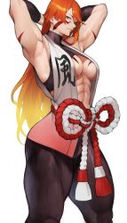 Rule 34 | 1girl, abs, absurdres, armpits, arms behind head, arms up, bare arms, bare shoulders, biceps, black pants, blonde hair, body markings, breasts, collarbone, detached sleeves, dougi, facepaint, fuuma kotarou (tenkaichi), gradient hair, halterneck, highres, large breasts, long hair, looking at viewer, martial arts belt, multicolored hair, muscular, muscular female, navel, pants, red eyes, red hair, rope, rope belt, smile, solo, tenkaichi nihon saikyou bugeisha ketteisen, thick thighs, thighs, toned, yoshio (55level)
