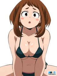 1girl artist_name bikini black_bikini bluesky_logo blush_stickers boku_no_hero_academia breasts brown_eyes brown_hair fanbox_logo large_breasts looking_at_viewer medium_hair navel pixiv_logo simple_background solo sweat swimsuit tsuranukko twitter_x_logo uraraka_ochaco white_background