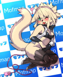 Rule 34 | 1girl, :3, animal ears, animal hands, arm warmers, bare shoulders, between legs, black footwear, black neckwear, black panties, black shirt, blonde hair, blush, body fur, boots, breasts, claws, cleavage, collared vest, controller, crop top, dog ears, dog girl, dog tail, english text, fang, female focus, female masturbation, from above, full body, furry, furry female, green eyes, hand between legs, happy, heart, high heels, japanese text, legs together, looking down, lying, masturbation, medium breasts, nose blush, on side, one eye closed, open clothes, open mouth, open vest, original, panties, panty pull, pawpads, pussy juice, remote control, remote control vibrator, sex toy, shiny clothes, shirt, short hair, sidelocks, smile, sofmap, sofmap background, solo, step and repeat, tail, thick thighs, thigh boots, thighhighs, thighs, underwear, vest, vibrator, vibrator cord, white vest, wince, wkar, yellow fur
