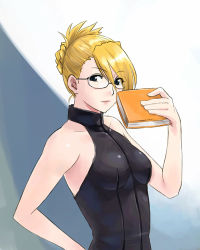 Rule 34 | 1girl, ace attorney, adrian andrews, bare shoulders, blonde hair, book, brown eyes, capcom, glasses, halterneck, hand on own hip, lowres, michael f91, phoenix wright: ace attorney - trials and tribulations, solo