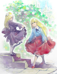 Rule 34 | 2girls, bad id, bad pixiv id, blonde hair, clothes lift, crossed legs, curtsey, dress, dress lift, flower, frills, hair flower, hair ornament, crossed legs, long hair, mary janes, multiple girls, original, pantyhose, pomodorosa, shoes, skirt, skirt lift, smile, stairs, standing, watson cross