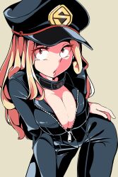 Rule 34 | 1girl, artist request, black bodysuit, blonde hair, blush, bodysuit, boku no hero academia, breasts, brown eyes, cameltoe, cleavage, collar, collarbone, curvy, eyelashes, hat, highres, large breasts, latex, latex bodysuit, lips, looking at viewer, medium hair, no bra, open bodysuit, open clothes, open mouth, peaked cap, skin tight, smile, solo, thick thighs, thigh gap, thighs, utsushimi kemii, wide hips, wrist cuffs