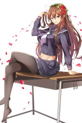 Rule 34 | 1girl, absurdres, blue eyes, blue sailor collar, blue shirt, blue skirt, breasts, brown hair, desk, artistic error, flower, full body, granblue fantasy, hair between eyes, hair flower, hair ornament, hairband, hand in own hair, hand on table, highres, inuikentarou (mfwt5357), large breasts, long hair, long sleeves, looking at viewer, midriff, navel, open mouth, pantyhose, parted lips, petals, rose, rosetta (granblue fantasy), sailor collar, school desk, school uniform, shirt, sitting, skirt, smile, solo, uniform, white background, wrong foot