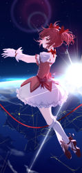 Rule 34 | 1girl, absurdres, ahivemind, bow, bubble skirt, choker, commentary request, earth (planet), floating hair, frilled socks, frills, from side, gloves, hair bow, hands up, highres, kaname madoka, kneehighs, magical girl, mahou shoujo madoka magica, mahou shoujo madoka magica (anime), parted lips, pink hair, planet, puffy short sleeves, puffy sleeves, purple ribbon, red bow, red choker, red eyes, red footwear, red ribbon, ribbon, ribbon choker, shoes, short hair, short sleeves, short twintails, skirt, socks, solo, space, sun, twintails, white gloves