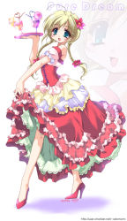 Rule 34 | 1girl, ahoge, blonde hair, blue eyes, braid, cocktail umbrella, corset, dress, drinking straw, emily (pure dream), flower, full body, hair flower, hair ornament, high heels, looking at viewer, original, petticoat, puffy short sleeves, puffy sleeves, red footwear, shoes, short sleeves, skirt hold, smile, solo, source request, standing, tray, twin braids, twintails, waitress, watermark, web address, zoom layer