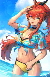 Rule 34 | 1girl, bikini, cermia (epic seven), choker, epic seven, highres, ocean, ponytail, red hair, shirt, solo, sungja, swimsuit, tagme, tied shirt, toned, toned female, water, wet, yellow eyes