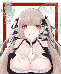 Rule 34 | 1girl, absurdres, azur lane, bad id, bad pixiv id, breasts, brown hair, cleavage, collarbone, dress, english text, formidable (azur lane), hair ornament, hair ribbon, hand on breasts, heart, heart-shaped pupils, highres, large breasts, leviathan (hikinito0902), lipstick, long hair, looking at viewer, maid, makeup, red eyes, ribbon, solo, symbol-shaped pupils, tongue, tongue out, two-tone ribbon, yandere