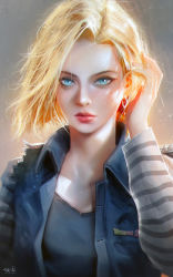 Rule 34 | 1girl, android 18, aqua eyes, blonde hair, blue eyes, breasts, clothes writing, commentary, copyright name, cross, cross earrings, denim, denim jacket, dragon ball, dragonball z, earrings, english commentary, floating hair, hand in own hair, hand on own head, hand up, highres, jacket, jewelry, lips, long sleeves, looking at viewer, razaras, short hair, solo, striped sleeves, torn clothes, torn sleeves, upper body, vest, wind