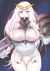 Rule 34 | 10s, 1girl, abyssal ship, bare shoulders, breasts, curvy, emua, female focus, female pubic hair, huge breasts, kantai collection, long hair, nipples, no bra, no panties, pale skin, pubic hair, pussy, red eyes, seaport princess, solo, standing, sweatdrop, tiara, white hair