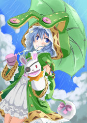 Rule 34 | 10s, 1girl, animal hood, blue eyes, blue hair, bow, rabbit, cloud, coat, date a live, day, dress, dutch angle, gloves, hand puppet, hood, kiichi (picchi0112), looking at viewer, matching hair/eyes, puppet, rain, short hair, sky, smile, solo, stuffed animal, stuffed rabbit, stuffed toy, umbrella, yoshino (date a live), yoshinon