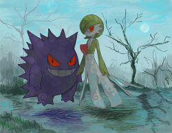 Rule 34 | 1girl, absurdres, arms at sides, bare tree, black eyes, blue sky, blush, bob cut, closed mouth, colored sclera, colored skin, creatures (company), female focus, flat chest, floating, full body, game freak, gardevoir, gen 1 pokemon, gen 3 pokemon, gengar, green hair, green skin, grin, hair over one eye, happy, highres, looking at viewer, multicolored skin, nintendo, nishinori (24no71), one eye covered, outdoors, pokemon, pokemon (creature), red eyes, red sclera, ripples, short hair, sky, smile, teeth, tree, two-tone skin, water, white skin