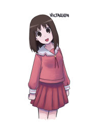Rule 34 | 1girl, :d, arms at sides, artist name, azumanga daiou, blush, breasts, brown eyes, brown hair, commentary, cowboy shot, cropped legs, curled fingers, extetvictarion, head tilt, highres, kasuga ayumu, long sleeves, looking at viewer, medium hair, neck ribbon, open mouth, pink shirt, pleated skirt, red ribbon, red skirt, ribbon, romaji commentary, sailor collar, school uniform, shirt, simple background, skirt, small breasts, smile, solo, standing, staring, white background, white sailor collar, wide-eyed