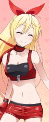Rule 34 | 10s, 1girl, blonde hair, bow, breasts, choker, cleavage, collarbone, closed eyes, gloves, groin, hair bow, hair ribbon, kirisaki chitoge, long hair, medium breasts, midriff, navel, nisekoi, red gloves, red ribbon, red shorts, ribbon, ribbon choker, short shorts, shorts, smile, solo, standing, stomach, tank top, very long hair