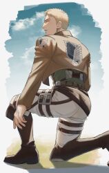Rule 34 | 1boy, ass, blonde hair, boots, cloud, cloudy sky, cropped jacket, from behind, full body, highres, leather, leather boots, looking to the side, male focus, on one knee, pants, paradis military uniform, reiner braun, shingeki no kyojin, shirt, short hair, sky, solo, sssida3