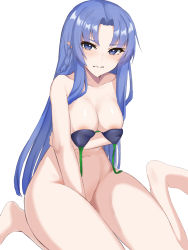 Rule 34 | 1girl, 72 (mmmmkk), alternate costume, areola slip, bikini, bikini top only, blue eyes, blue hair, blush, bottomless, breast hold, breasts, collarbone, commentary request, covering privates, covering crotch, embarrassed, fate/grand order, fate (series), highres, long hair, looking at viewer, medea (fate), navel, parted bangs, pointy ears, purple bikini, simple background, sitting, solo, swimsuit, very long hair, wardrobe malfunction, wariza, wavy mouth, white background