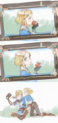 Rule 34 | 1girl, alzi xiaomi, angry, apple, blonde hair, blue eyes, blush, braid, camera, crown braid, eating, embarrassed, food, fruit, hair ornament, hairclip, highres, link, looking at viewer, nintendo, outdoors, pointy ears, princess zelda, sheikah slate, short hair, taking picture, the legend of zelda, the legend of zelda: breath of the wild, the legend of zelda: tears of the kingdom