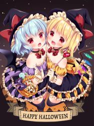 Rule 34 | 2girls, bare shoulders, basket, bat wings, black legwear, blonde hair, blue hair, blush, body blush, bow, crystal, detached sleeves, dress, fang, flandre scarlet, frilled dress, frilled skirt, frilled sleeves, frills, gloves, happy halloween, hat, hat bow, holding, holding basket, holding wand, irori, leg up, looking at viewer, multiple girls, open mouth, puffy short sleeves, puffy sleeves, red eyes, remilia scarlet, short sleeves, siblings, sisters, skirt, strapless, strapless dress, symmetrical pose, thighhighs, touhou, wand, wings, witch, witch hat
