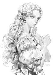 Rule 34 | 1girl, braid, closed mouth, dated, earrings, eyelashes, fingernails, frills, greyscale, highres, jewelry, long hair, looking at viewer, looking back, monochrome, original, puffy sleeves, signature, simple background, single earring, sketch, solo, vlfdus 0, white background