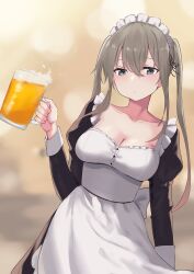 Rule 34 | 1girl, alcohol, alternate costume, apron, beer, beer mug, black dress, breasts, cleavage, cup, dress, enmaided, graf zeppelin (kancolle), grey eyes, hair between eyes, highres, holding, holding cup, juliet sleeves, kantai collection, lanthan, light brown hair, long hair, long sleeves, maid, maid apron, maid headdress, medium breasts, mug, puffy sleeves, sidelocks, solo, twintails, white apron