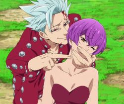 Rule 34 | 10s, 1boy, 1girl, aqua hair, ban (nanatsu no taizai), bare shoulders, blood, breasts, brown eyes, collarbone, covering own mouth, covering privates, from behind, head tilt, looking at viewer, middle finger, nanatsu no taizai, naughty face, neck, one eye closed, open mouth, poking, purple hair, red eyes, screencap, short hair, silver hair, smile, spiked hair, stitched, strapless, sweatdrop, third-party edit, veronica liones, wince