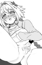 Rule 34 | 1boy, anus, astolfo (fate), blush, bottomless, censored, clothes lift, fate (series), highres, kurozu (crozu), looking down, monochrome, penis, shirt lift, small penis, testicles, trap, view between legs