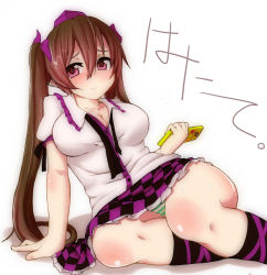Rule 34 | 1girl, arm support, blush, breasts, brown hair, cellphone, checkered clothes, checkered skirt, cleavage, collarbone, green panties, hair ribbon, hat, himekaidou hatate, large breasts, long hair, looking at viewer, morochin (mo loss an), panties, pantyshot, phone, pointy ears, puffy short sleeves, puffy sleeves, purple eyes, ribbon, short sleeves, simple background, sitting, skirt, solo, striped clothes, striped panties, sweatdrop, tokin hat, touhou, twintails, undertime, underwear, untied, upskirt, white background, yokozuwari