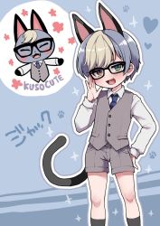 Rule 34 | 1boy, :3, adjusting eyewear, animal crossing, animal ears, black socks, blonde hair, blouse, blush, cat boy, cat ears, cat tail, character name, collared shirt, extra ears, fang, fangs, full body, green eyes, hair between eyes, heterochromia, highres, inset, looking at viewer, male focus, multicolored hair, necktie, nintendo, open mouth, personification, raymond (animal crossing), shirt, shorts, silver hair, smile, socks, solo, tail, two-tone hair, usagigenki, vest, white shirt, yellow eyes