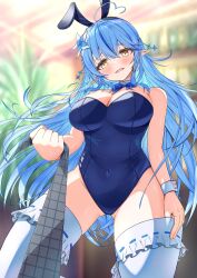 Rule 34 | 1girl, ahoge, alternate costume, animal ears, blue hair, blue leotard, breasts, cleavage, collar, covered navel, detached collar, fake animal ears, flower, hair flower, hair ornament, heart, heart ahoge, highres, hololive, large breasts, leotard, long hair, looking at viewer, multicolored hair, playboy bunny, rabbit ears, smile, solo, strapless, strapless leotard, streaked hair, thighhighs, virtual youtuber, white collar, white thighhighs, white wrist cuffs, wrist cuffs, yaki no yaki, yellow eyes, yukihana lamy