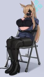 Rule 34 | 1girl, absurdres, animal ears, black footwear, blindfold, blonde hair, blue archive, blue halo, bound, breasts, chair, gag, grey background, halo, harris hero, highres, improvised gag, kanna (blue archive), large breasts, long hair, looking at viewer, on chair, restrained, shoesc, simple background, sitting, solo