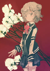 Rule 34 | 1girl, absurdres, black jacket, black skirt, black sweater, blush, bow, bowtie, cevio, closed mouth, commentary request, cowboy shot, double bun, floral background, flower, flower request, gradient background, grey eyes, grey hair, hair bun, hair ornament, hairclip, highres, jacket, kabuyama kaigi, koharu rikka, long sleeves, looking at viewer, multicolored clothes, multicolored jacket, open clothes, open jacket, pink bow, pink bowtie, pleated skirt, raised eyebrows, red background, school uniform, short hair, skirt, solo, standing, sweater, synthesizer v, two-tone jacket, white flower, white jacket