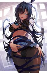 Rule 34 | 1girl, absurdres, black bra, black hair, black panties, black pantyhose, black ribbon, blue eyes, blue skirt, bra, breasts, cowboy shot, hair over one eye, highres, hirai yuzuki, lace, lace bra, lace panties, large breasts, long hair, looking at viewer, miniskirt, navel, open clothes, open mouth, open shirt, original, panties, panties under pantyhose, pantyhose, pleated skirt, ribbon, shirt, signature, skirt, snake, solo, underwear, very long hair, white shirt, white snake, wrapped up