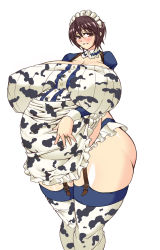 Rule 34 | 10s, 1girl, animal print, apron, blush, breasts, brown eyes, brown hair, covered erect nipples, cow print, female focus, garter straps, gigantic breasts, hair ornament, idolmaster, idolmaster cinderella girls, jewelry, maid, maid apron, maid headdress, miniskirt, oikawa shizuku, plump, pregnant, renges, ring, short hair, simple background, skirt, smile, solo, standing, thighhighs, waist apron, wedding ring, white background, wide hips