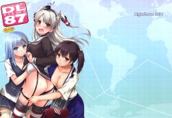 Rule 34 | !, 10s, 2014, 3girls, :o, amatsukaze (kancolle), ass, assisted exposure, asymmetrical hair, black hat, black panties, black skirt, black vest, blue eyes, blue hair, blue skirt, blunt bangs, blush, breast press, breasts, brown eyes, brown hair, brown shirt, cleavage, clothes lift, collarbone, embarrassed, expressionless, from behind, garter straps, girl sandwich, gloves, hairband, hat, hatsukaze (kancolle), highres, japanese clothes, kaga (kancolle), kantai collection, kimono, kneeling, large breasts, lifting another&#039;s clothes, long sleeves, looking at viewer, looking back, map, mini hat, multiple girls, nakajima yuka, open clothes, open mouth, open vest, panties, panty pull, pleated skirt, pulling another&#039;s clothes, sandwiched, shirt, shirt lift, short hair, short sleeves, side ponytail, skirt, smoke, sweatdrop, thigh strap, thighhighs, underwear, vest, white gloves, white shirt, yuri