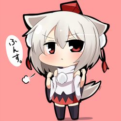 Rule 34 | 1girl, animal ears, bare shoulders, black thighhighs, blush, chibi, clenched hand, detached sleeves, frown, hat, inubashiri momiji, red eyes, short hair, skirt, solo, tail, thighhighs, tokin hat, touhou, twumi, white hair, wolf ears, wolf tail