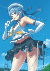 Rule 34 | 1girl, aircraft, airplane, armpits, bare arms, black skirt, blue eyes, blue hair, breasts, day, double bun, eating, elbow gloves, food, giant, giantess, gloves, hair bun, hat, highres, kantai collection, kuro oolong, long hair, medium breasts, midriff, midriff peek, navel, pleated skirt, popsicle, sailor collar, size difference, skirt, solo, striped clothes, striped skirt, suspension bridge, urakaze (kancolle), white hat