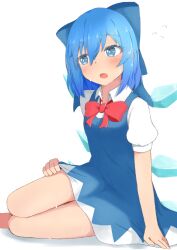 Rule 34 | 1girl, arm support, bare legs, barefoot, blue bow, blue dress, blue eyes, blue hair, blush, bow, bowtie, breasts, cirno, commentary request, dress, fang, foot out of frame, hair between eyes, hair bow, ice, ice wings, looking to the side, mizune (winter), open mouth, puffy short sleeves, puffy sleeves, red bow, red bowtie, short sleeves, simple background, sitting, small breasts, solo, touhou, white background, wing collar, wings, yokozuwari