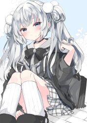 Rule 34 | 1girl, black bow, black bowtie, black choker, black footwear, black jacket, blunt bangs, blush, bow, bowtie, breasts, choker, double bun, dutch angle, frown, gem, grabbing own hair, grey eyes, grey hair, hair bun, hair ornament, hand up, highres, holding, holding own hair, jacket, kamiyoshi rika, knee up, kneehighs, long hair, long sleeves, looking at viewer, medium breasts, on ground, open clothes, open jacket, original, plaid, plaid skirt, pleated skirt, pom pom (clothes), pom pom hair ornament, puffy long sleeves, puffy sleeves, sailor collar, school uniform, sidelocks, simple background, sitting, skirt, socks, solo, striped clothes, striped socks, twintails, white socks