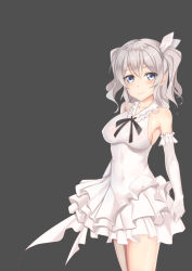 Rule 34 | 10s, 1girl, bare shoulders, black bow, black bowtie, blue eyes, blush, bow, bowtie, breasts, covered erect nipples, covered navel, dress, elbow gloves, frilled dress, frills, gloves, grey hair, hair ribbon, halterneck, kantai collection, kashima (kancolle), large breasts, looking at viewer, navel, ribbon, rure, smile, solo, standing, twintails, white dress, white gloves, white ribbon