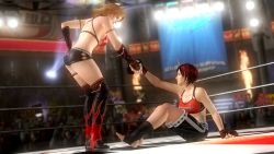Rule 34 | 2girls, 3d, blonde hair, boots, dead or alive, dead or alive 5, gloves, jewelry, knee boots, mila (doa), multiple girls, official art, red hair, ring, screencap, short shorts, shorts, tecmo, tina armstrong
