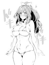 Rule 34 | 1girl, areola slip, arms at sides, bare arms, bare shoulders, bikini, blush, bow, breasts, cleavage, closed mouth, collarbone, commentary, cowboy shot, greyscale, groin, hair bow, halterneck, heart, high ponytail, highres, idolmaster, idolmaster shiny colors, karan, large breasts, long hair, looking away, micro bikini, monochrome, motion lines, navel, nose blush, ponytail, sidelocks, simple background, skindentation, smile, solo, standing, stomach, strap gap, string bikini, sweat, swimsuit, translated, tsukioka kogane, white background