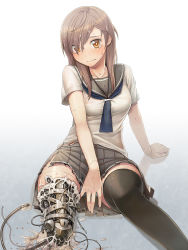 Rule 34 | 1girl, amputee, android, android girl (itou), arm support, black thighhighs, broken, brown eyes, brown hair, covering privates, covering crotch, damaged, gradient background, hair over one eye, highres, itou (onsoku tassha), joints, leaning back, long hair, looking at viewer, mechanical legs, mechanical parts, original, panties, pantyshot, pleated skirt, robot joints, school uniform, serafuku, simple background, sitting, skirt, skirt tug, solo, sweat, tears, thighhighs, torn clothes, torn skirt, underwear