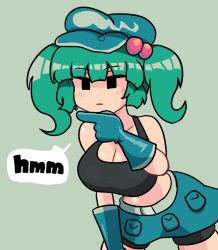Rule 34 | 1girl, black eyes, black shorts, blue gloves, blue hair, blue hat, breasts, cleavage, closed mouth, collarbone, crop top, english text, gloves, hair bobbles, hair ornament, hat, kawashiro nitori, large breasts, leaning forward, looking away, navel, notnoe (dxcl), rubber gloves, short hair, short twintails, shorts, solo, speech bubble, thinking, touhou, twintails