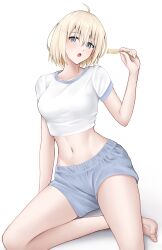 Rule 34 | 1girl, :o, azur lane, barefoot, bataan (azur lane), blonde hair, blue eyes, blue shorts, breasts, crop top, food, hand up, highres, holding, holding food, jakqbigone, looking at viewer, medium breasts, midriff, navel, open mouth, popsicle, shirt, short hair, short shorts, short sleeves, shorts, simple background, sitting, solo, stomach, thighs, white background, white shirt