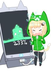 Rule 34 | 1girl, :3, ahoge, animal ears, animal hood, azur lane, bailingxiao jiu, black thighhighs, blonde hair, blood, blood from mouth, blush, breasts, cat ears, cat girl, cat hood, cat tail, cellphone, closed mouth, commentary request, creeparka, creeper, eldridge (azur lane), electricity, facial mark, fang, flying sweatdrops, green hoodie, hair ornament, highres, hood, hood up, hoodie, kemonomimi mode, long hair, long sleeves, minecraft, mini person, minigirl, no shoes, o o, phone, sidelocks, simple background, smartphone, solo, standing, tail, thighhighs, wavy mouth, white background
