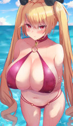 Rule 34 | 1girl, absurdres, arms under breasts, azur lane, bare shoulders, bikini, blonde hair, blue sky, blush, breasts, cleavage, collarbone, crossed arms, hair ribbon, halterneck, highres, large breasts, long hair, looking at viewer, navel, nelson (azur lane), o-ring, o-ring bikini, ocean, pink bikini, pout, pouty lips, red eyes, ribbon, satou aji, sky, solo, swimsuit, thighs, twintails, very long hair, wet